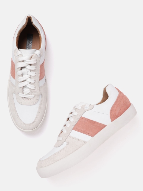 

Marks & Spencer Women Off-White & Peach-Coloured Leather Colourblocked Sneakers