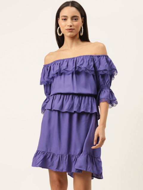 

DIVA WALK EXCLUSIVE Women Purple Solid Off-Shoulder Blouson Dress
