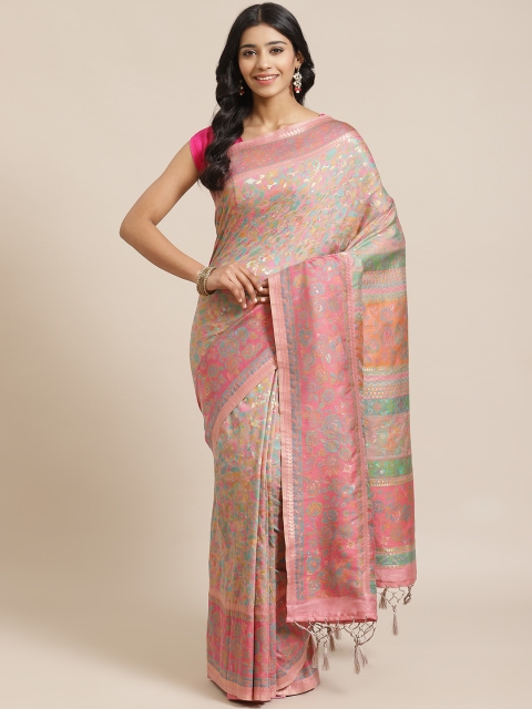 

Mitera Pink & Turquoise Green Blue Liva Zari Woven Design Saree