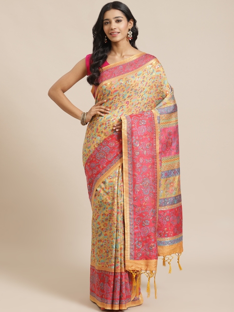 

Mitera Yellow & Pink Liva Floral Woven Design Saree