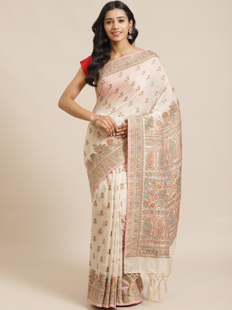 

Mitera Off-White & Orange Liva Zari Woven Design Saree