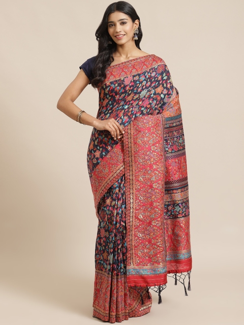 

Mitera Navy Blue & Pink Liva Zari Woven Design Saree