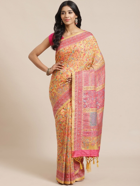 

Mitera Yellow & Pink Liva Floral Woven Design Saree