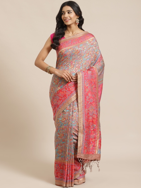 Mitera Taupe & Pink Liva Floral Woven Design Saree