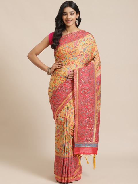 

Mitera Golden & Pink Liva Floral Woven Design Saree, Gold