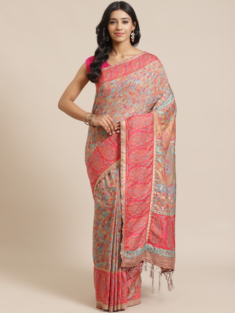

Mitera Taupe & Pink Liva Floral Woven Design Saree