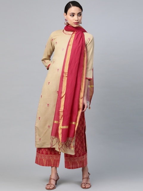 

Indo Era Women Beige & Pink Embroidered Kurta with Palazzos & Dupatta