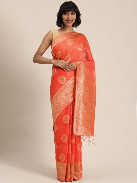 

Mitera Coral Orange & Golden Woven Design Banarasi Saree