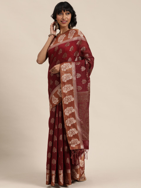 

Mitera Maroon & Gold-Coloured Woven Design Maheshwari Celebrity Saree