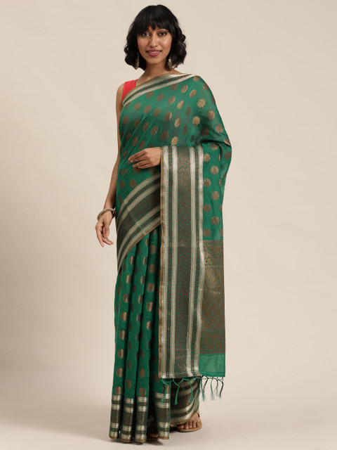 

Mitera Green & Gold-Coloured Woven Design Maheshwari Celebrity Saree