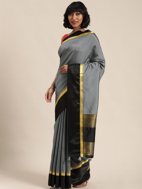 

Mitera Charcoal Grey & Black Solid Maheshwari Saree