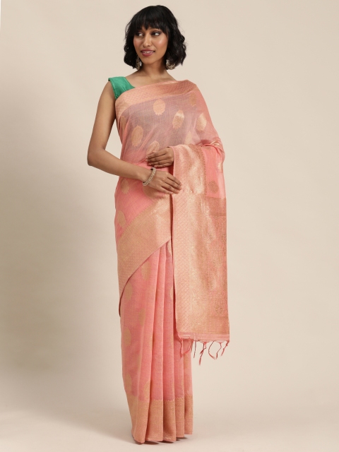 

Mitera Coral Pink & Gold-Coloured Woven Design Banarasi Celebrity Saree