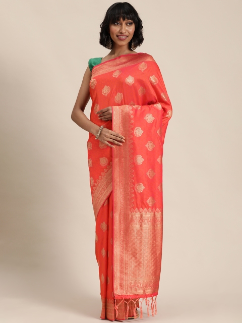 

Mitera Coral Pink & Golden Ethnic Woven Design Banarasi Saree