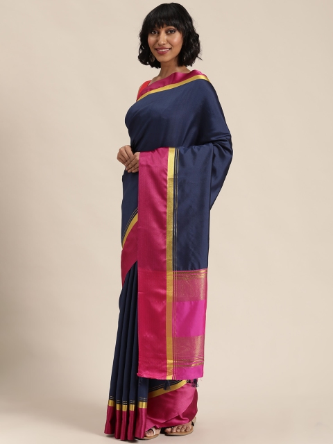 

Mitera Navy Blue & Pink Solid Maheshwari Saree