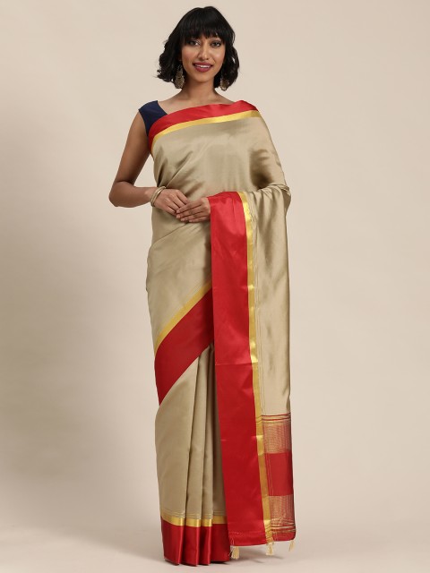 

Mitera Beige Solid Maheshwari Saree