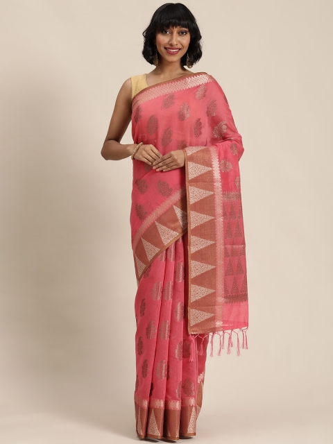 

Mitera Pink & Golden Woven Design Maheshwari Saree, Rose