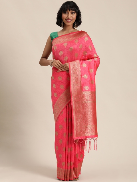 

Mitera Pink & Golden Ethnic Woven Design Banarasi Saree