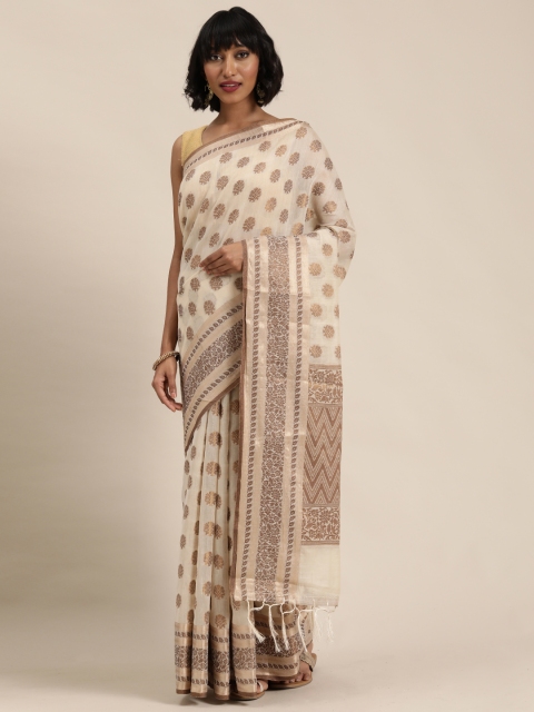 

Mitera Off-White & Gold-Toned Woven Design Maheshwari Saree