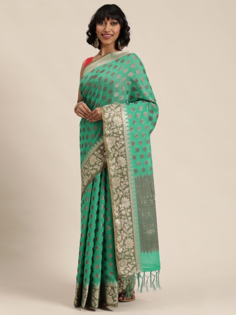 

Mitera Green & Gold-Coloured Woven Design Maheshwari Celebrity Saree
