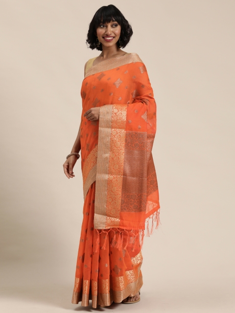 

Mitera Orange & Gold-Toned Woven Design Maheshwari Saree
