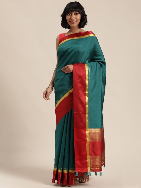 

Mitera Teal Green & Maroon Solid Maheshwari Saree