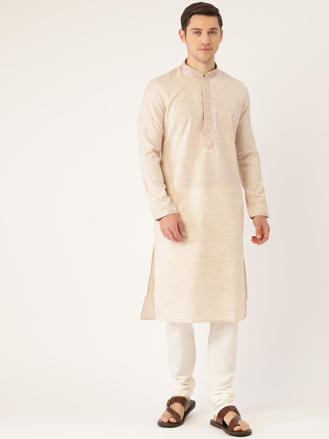

Manyavar Men Cream-Coloured & White Solid Kurta with Churidar