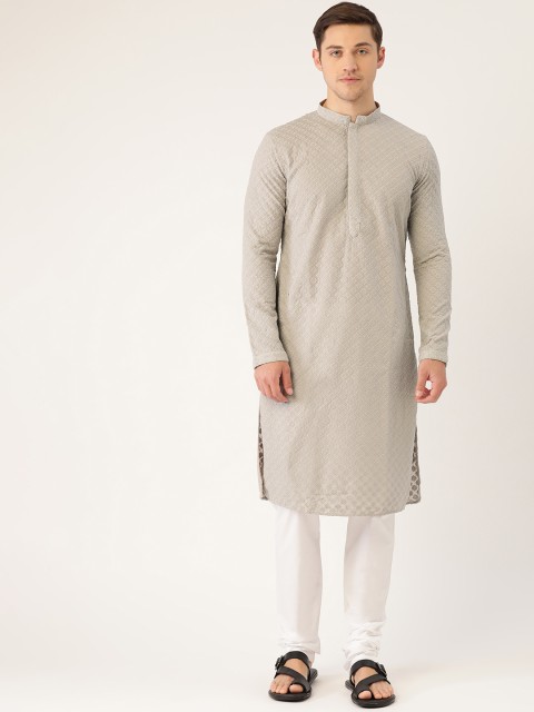 

Manyavar Men Grey & White Chikankari Embroidered Kurta with Churidar