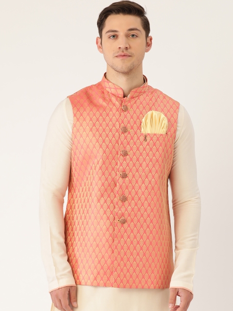 

Manyavar Men Pink & Beige Self Design Nehru Jacket