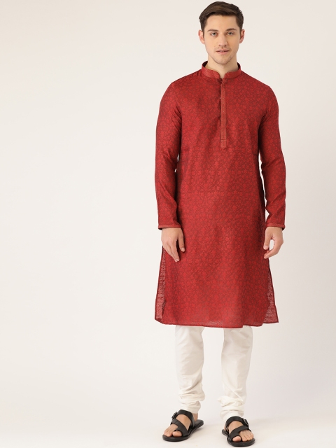 

Manyavar Men Maroon & White Jacquard Self Design Kurta with Churidar