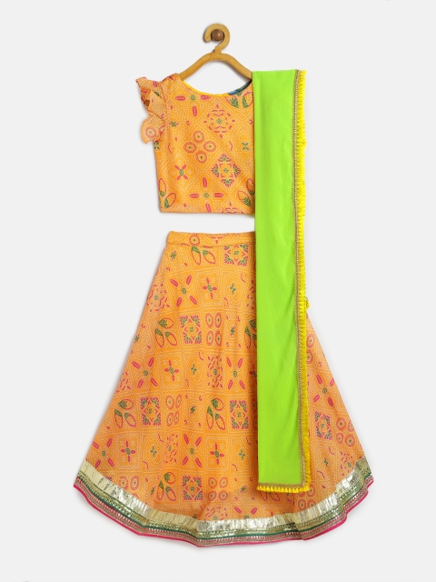 

Lil Peacock Girls Yellow & Pink Embroidered Ready to Wear Lehenga & Blouse with Dupatta