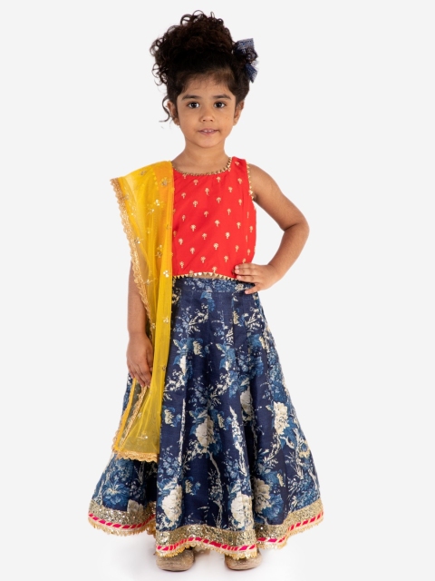 

Lil Peacock Girls Pink & Blue Embellished Ready to Wear Lehenga & Blouse with Dupatta