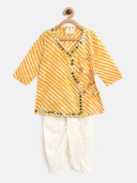 

Cute Couture Boys Yellow & White Leheriya Print Kurta with Dhoti Pants