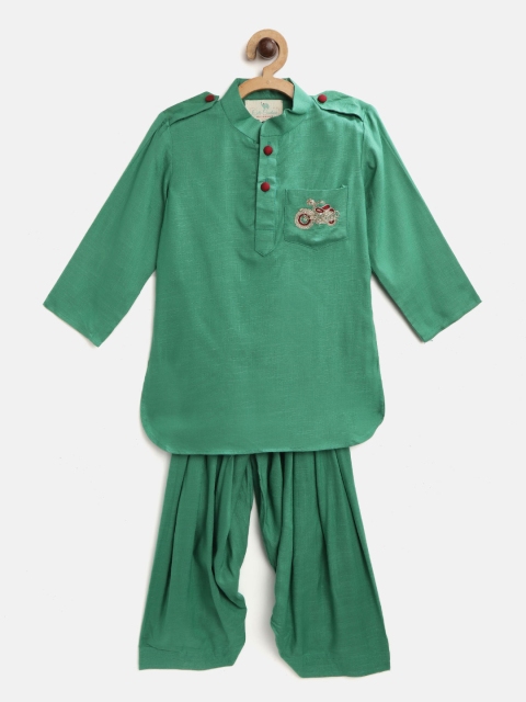 

Cute Couture Boys Green Solid Pathani Kurta with Patiala