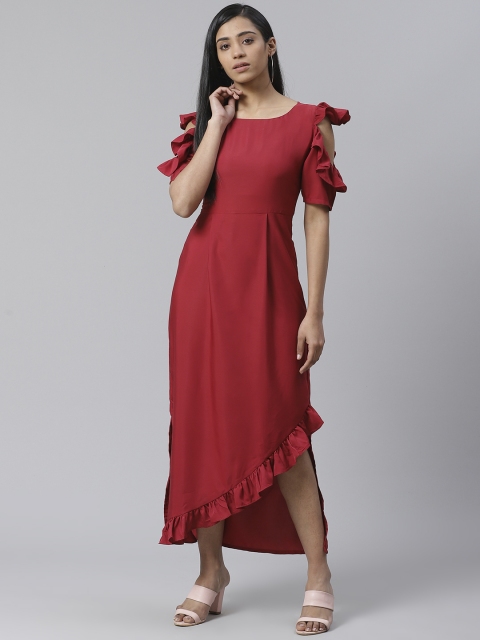 

Ives Women Maroon Solid Asymmetric High Low Maxi Dress