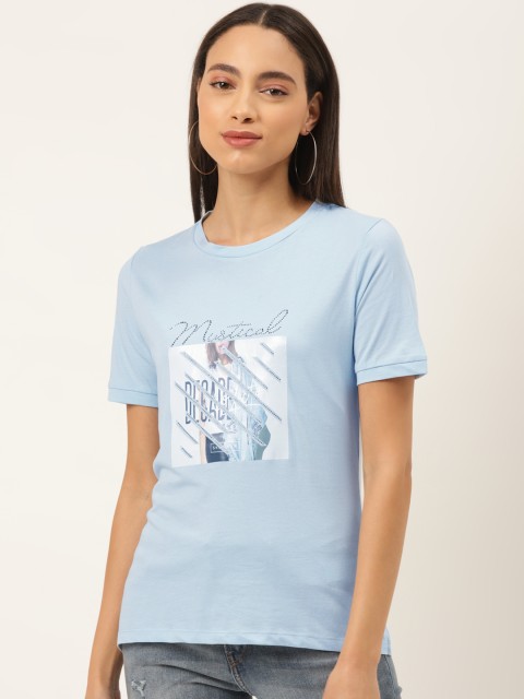 

Madame Women Blue & White Pure Cotton Printed Round Neck T-shirt