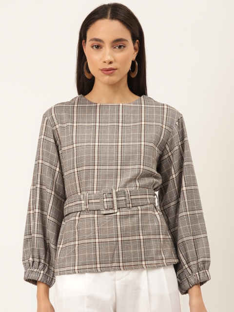 

Madame Women Grey & Brown Checked Top With Belt