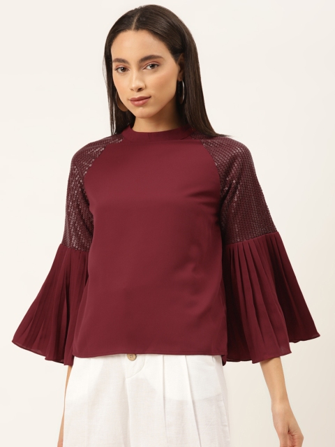 

Madame Women Maroon Solid Top With Embellished Bell Sleeves