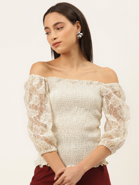 

Madame Women Beige Smocked Bardot Top With Sequined Puff Sleeves