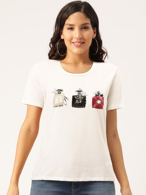 

Madame Women White Embellished Detail Round Neck Pure Cotton T-shirt