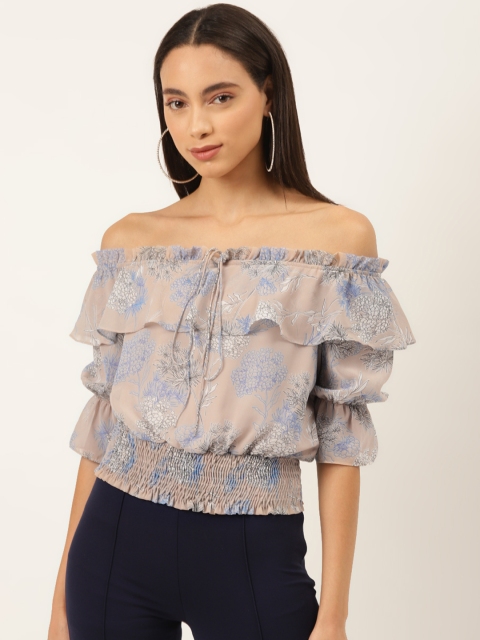 

Madame Women Beige & Blue Floral Printed Blouson Top With Smock Detail