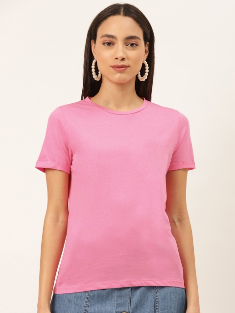 

Madame Women Pink Solid Pure Cotton Round Neck T-shirt