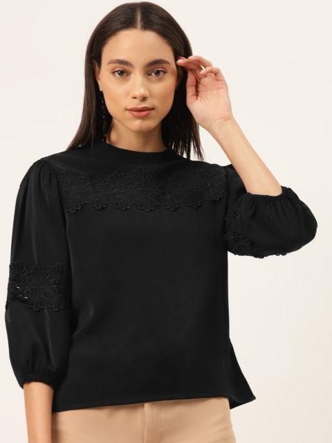 

Madame Women Black Embroidered Top With Puff Sleeves