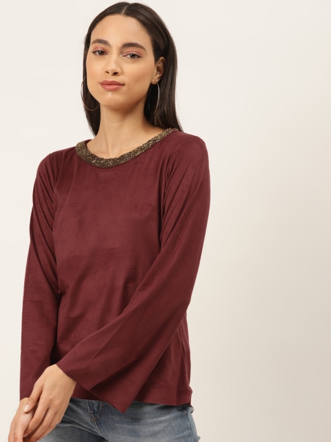 

Madame Women Maroon Jewel Neck Top With Flared Sleeves