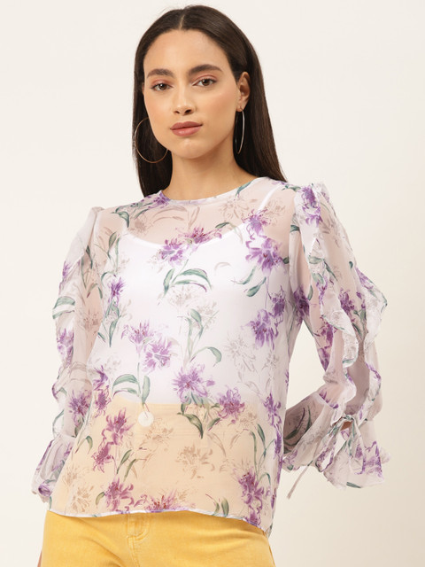 

Madame Women Off-White & Purple Floral Printed Top With Ruffles