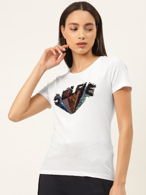 

Madame Women White Sequinned Round Neck T-shirt