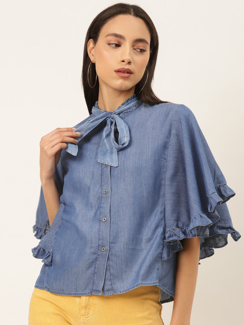

Madame Women Blue Solid Chambray Top with Tie-Up Detail