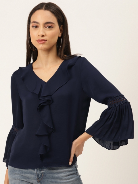 

Madame Women Navy Blue Solid Ruffled Top