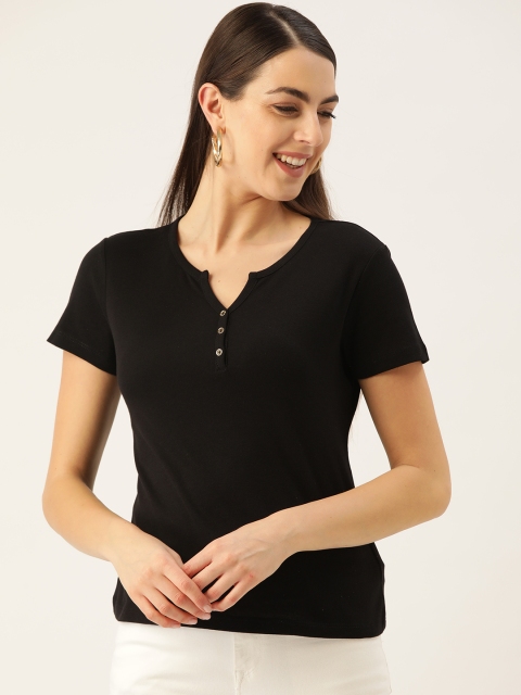 

Madame Women Black Solid Pure Cotton Round Neck T-shirt