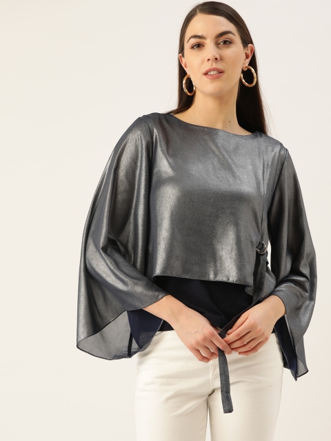 

Madame Women Navy Blue & Silver Pure Cotton Solid Layered Top