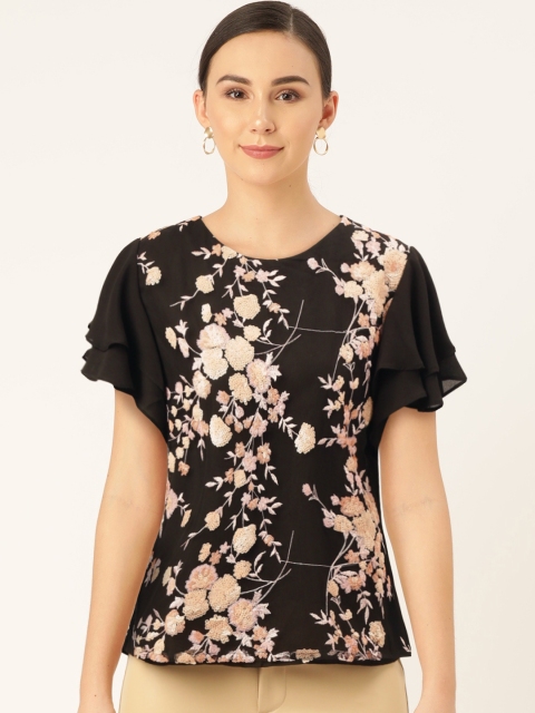 

Madame Women Black & Peach-Coloured Sequined Top